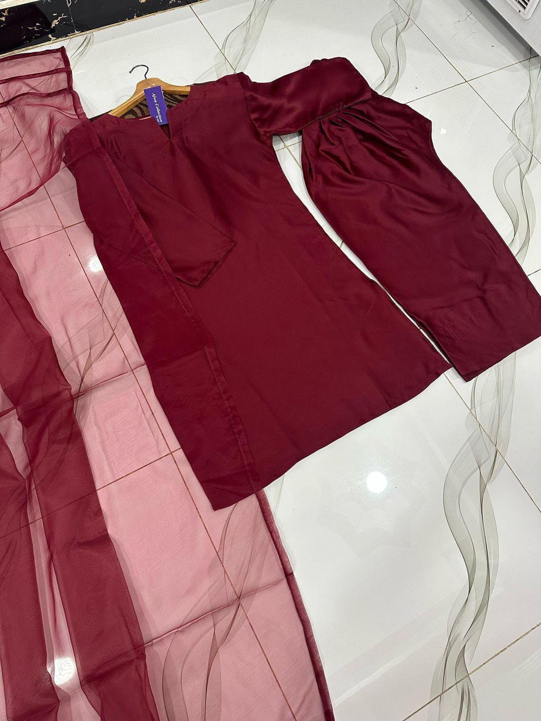3 Pcs Women's Stitched Silk Plain Suit
