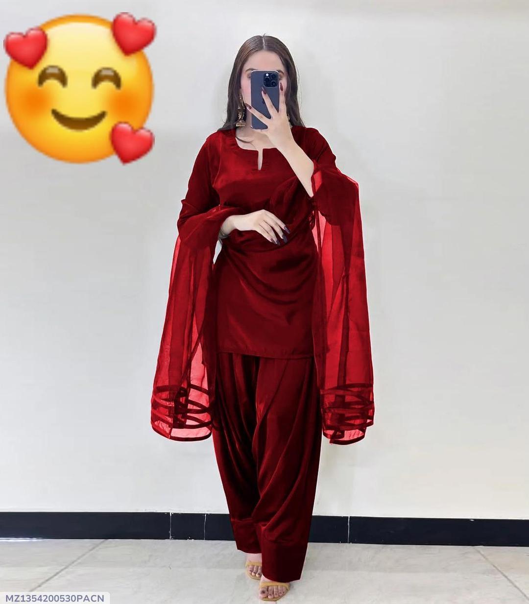 3 Pcs Women's Stitched Silk Plain Suit