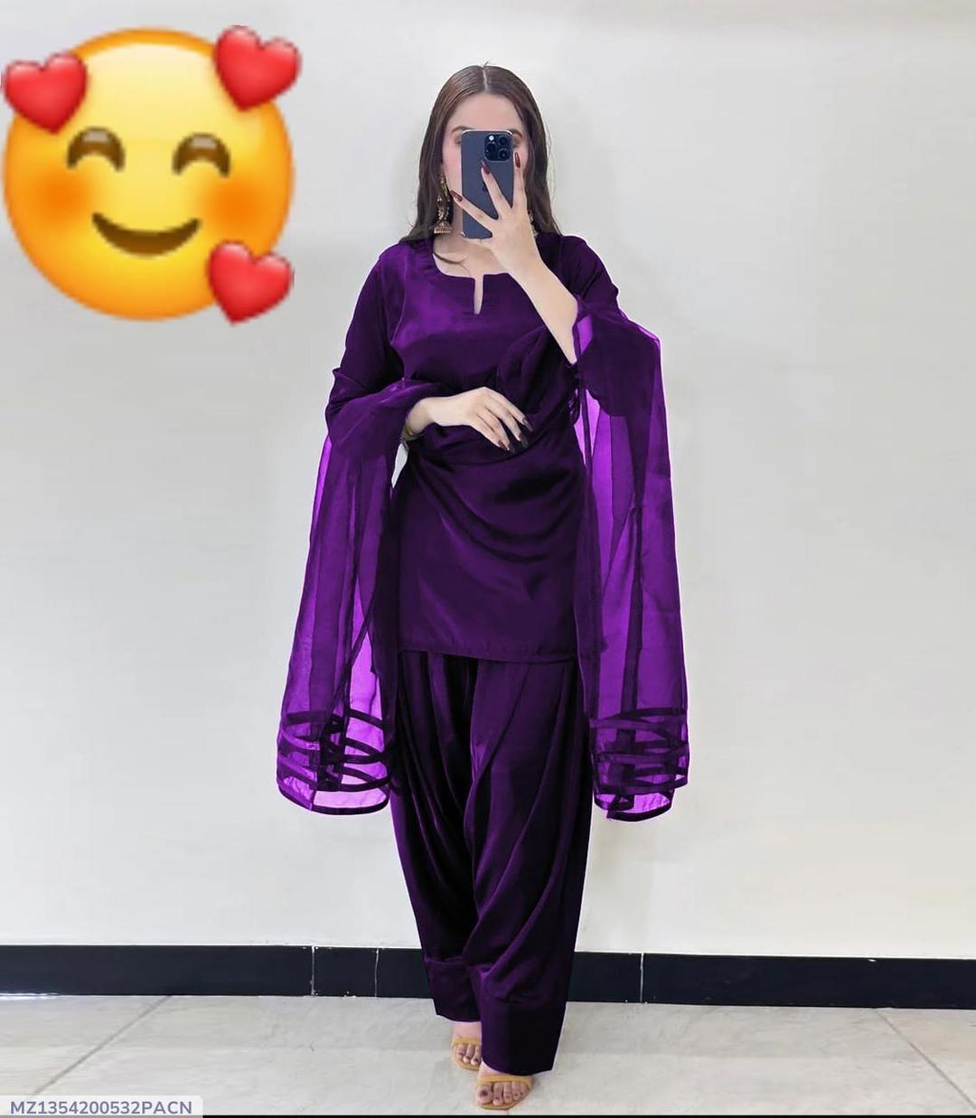 3 Pcs Women's Stitched Silk Plain Suit