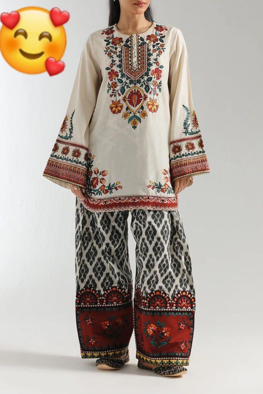 2 Pcs Women's Stitched Grip Silk Printed Shirt And Trouser