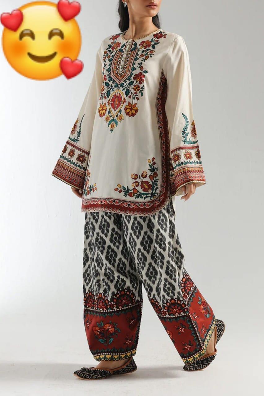 2 Pcs Women's Stitched Grip Silk Printed Shirt And Trouser