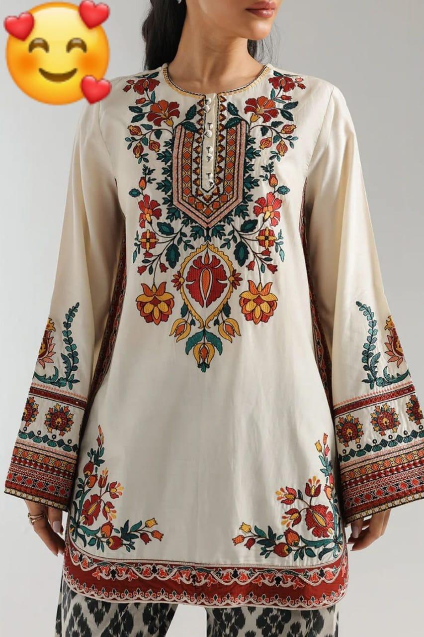 2 Pcs Women's Stitched Grip Silk Printed Shirt And Trouser