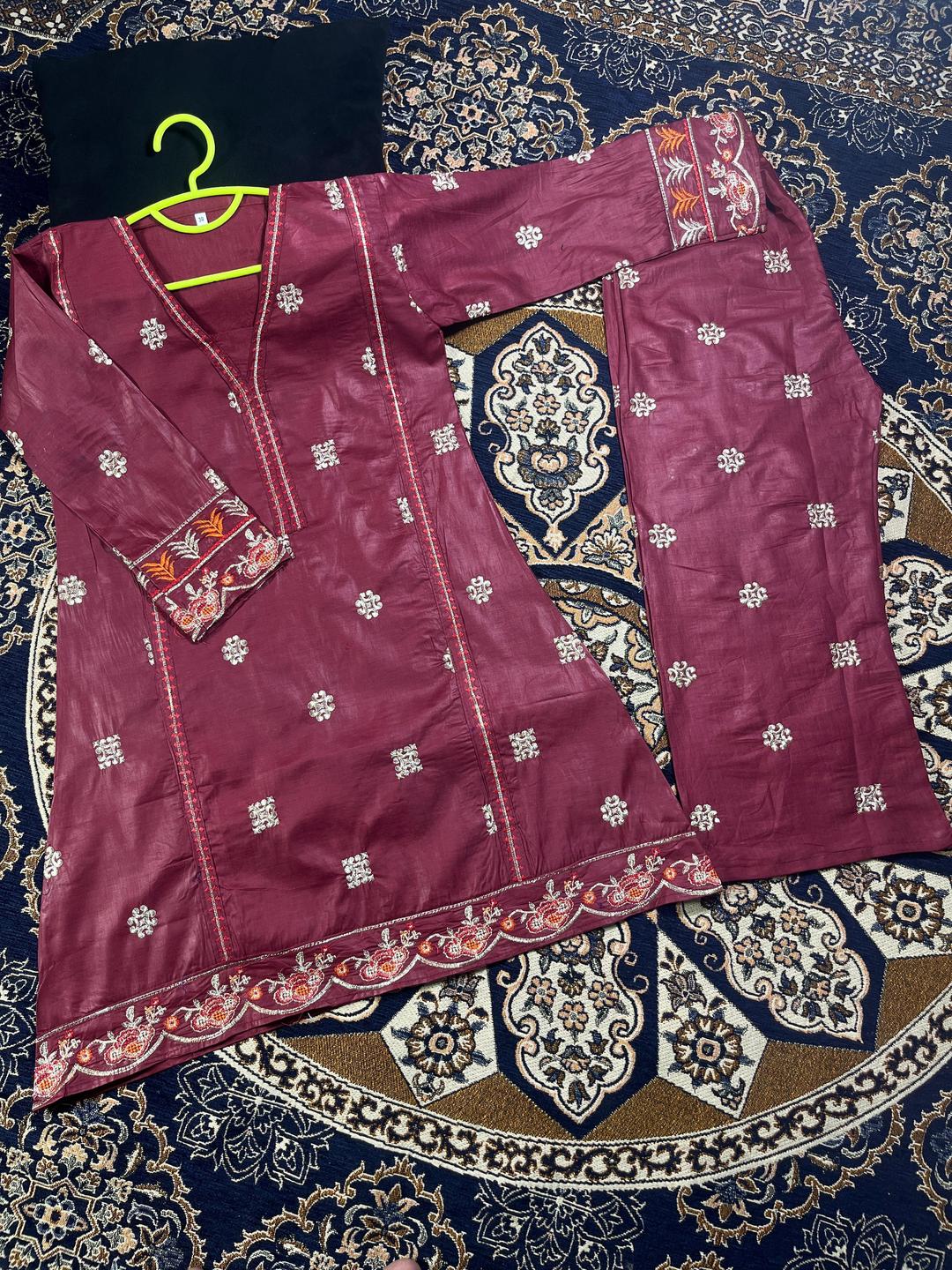 2 Pcs Girl's Cotton Embroidered Shirt And Trouser Suit