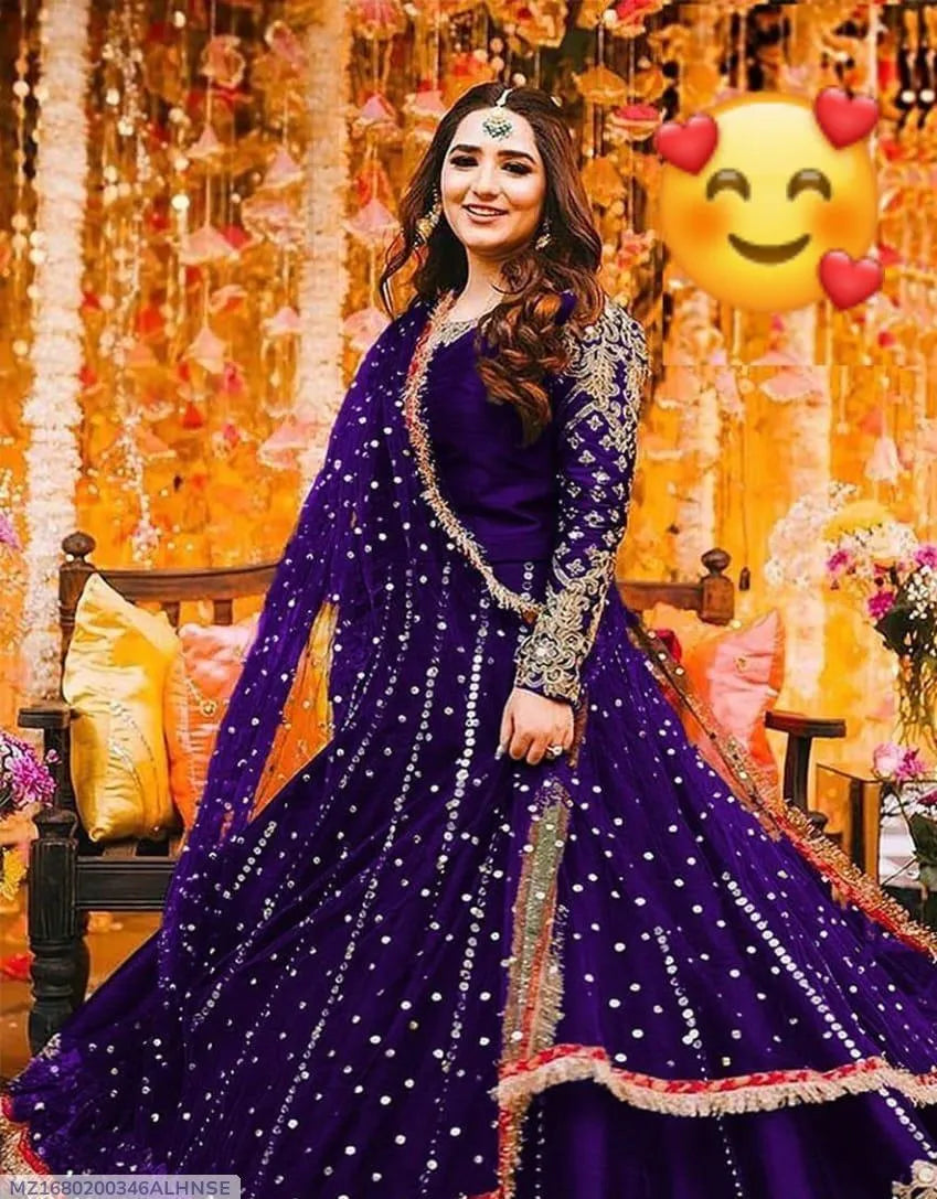 3 Pcs Women's Stitched Shamoz Silk Sheesha Work Maxi Suit