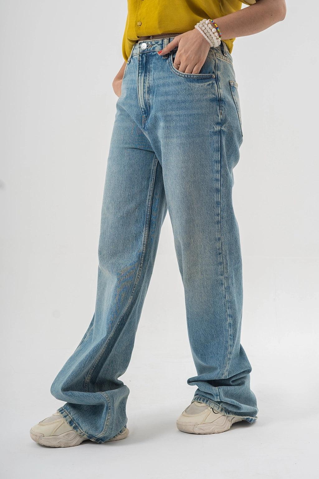 Women'sn Baggy Fit Blue Denim Pants with Panel Stitch Detailing - Light Wash Style