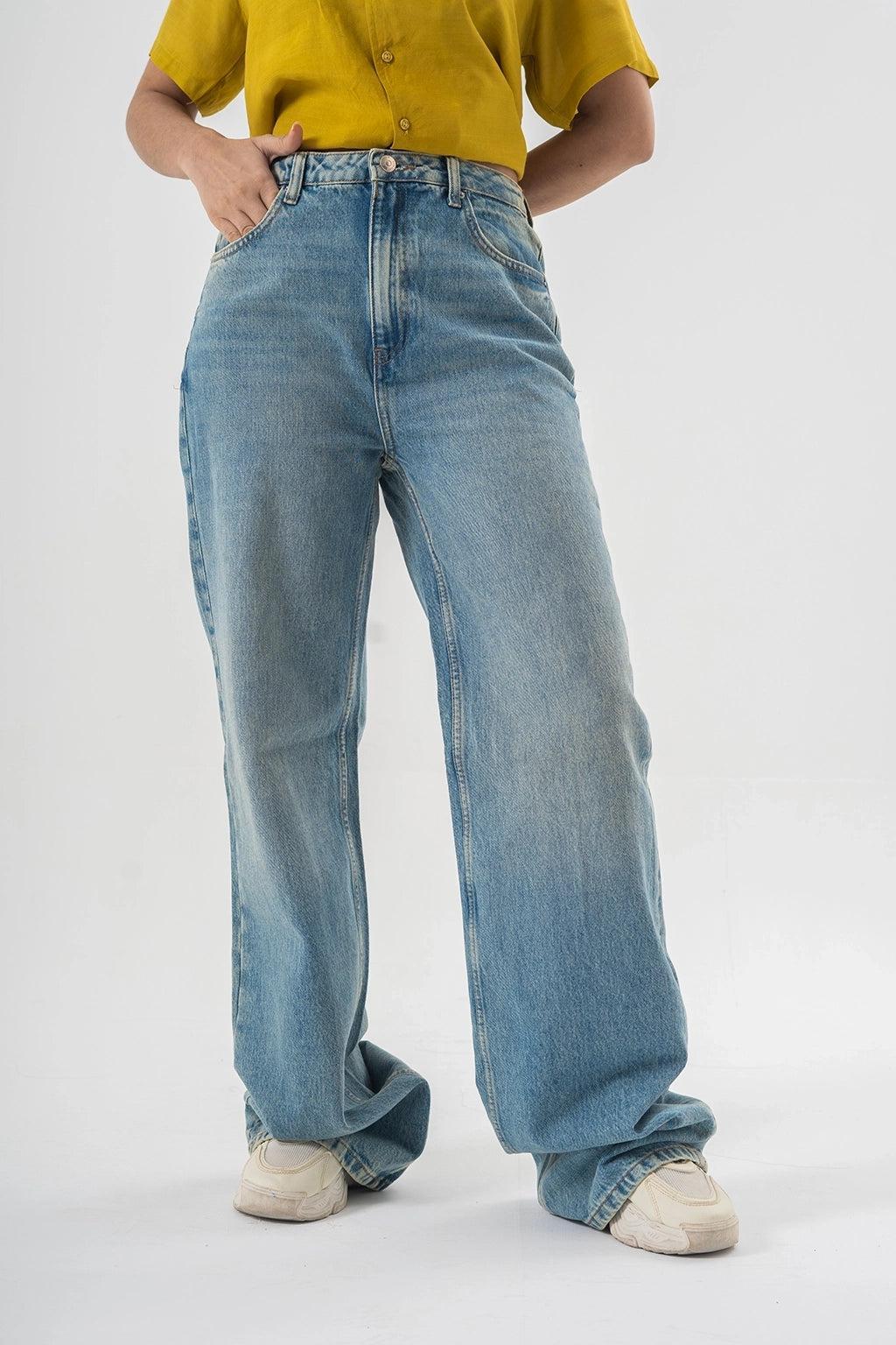 Women'sn Baggy Fit Blue Denim Pants with Panel Stitch Detailing - Light Wash Style