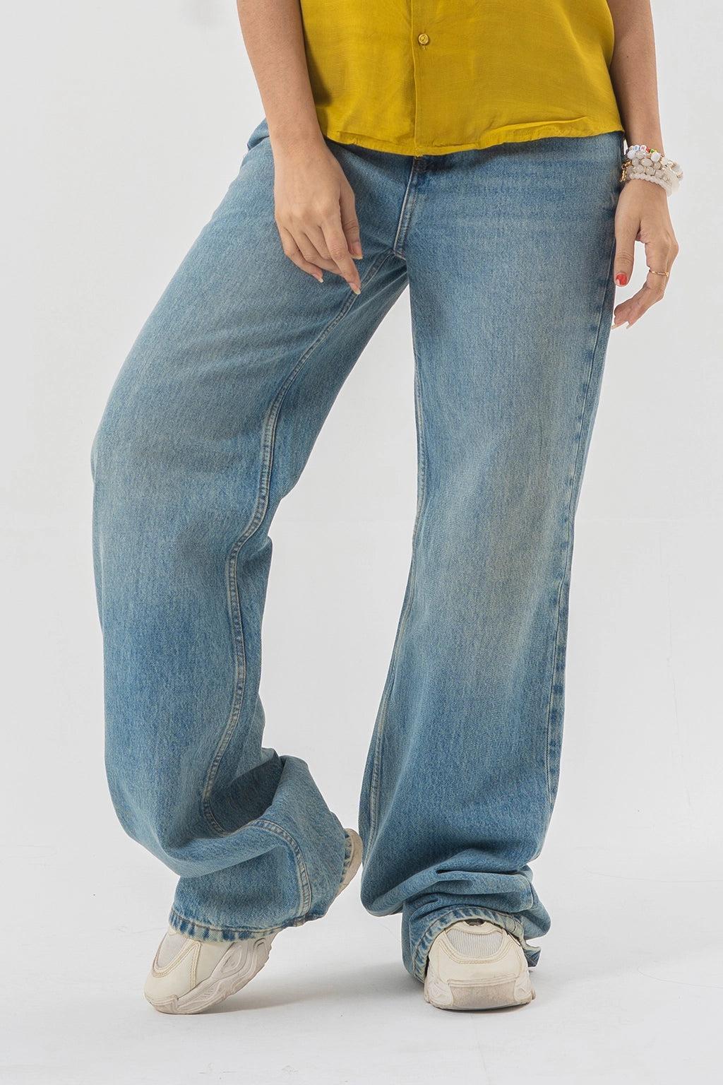 Women'sn Baggy Fit Blue Denim Pants with Panel Stitch Detailing - Light Wash Style