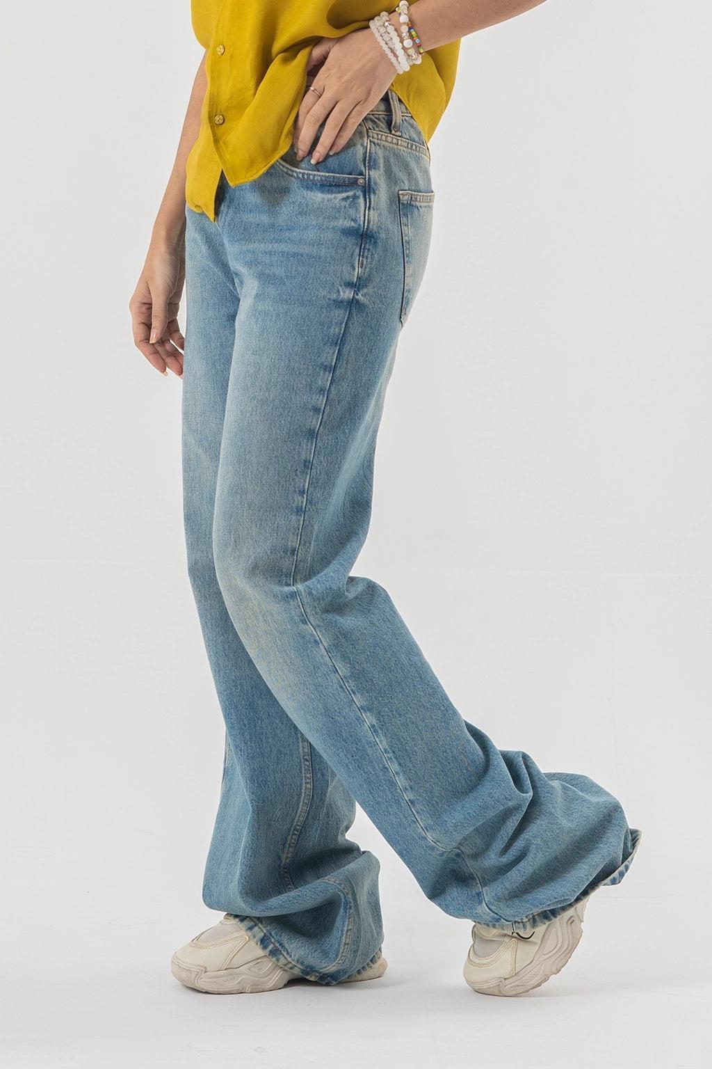 Women'sn Baggy Fit Blue Denim Pants with Panel Stitch Detailing - Light Wash Style