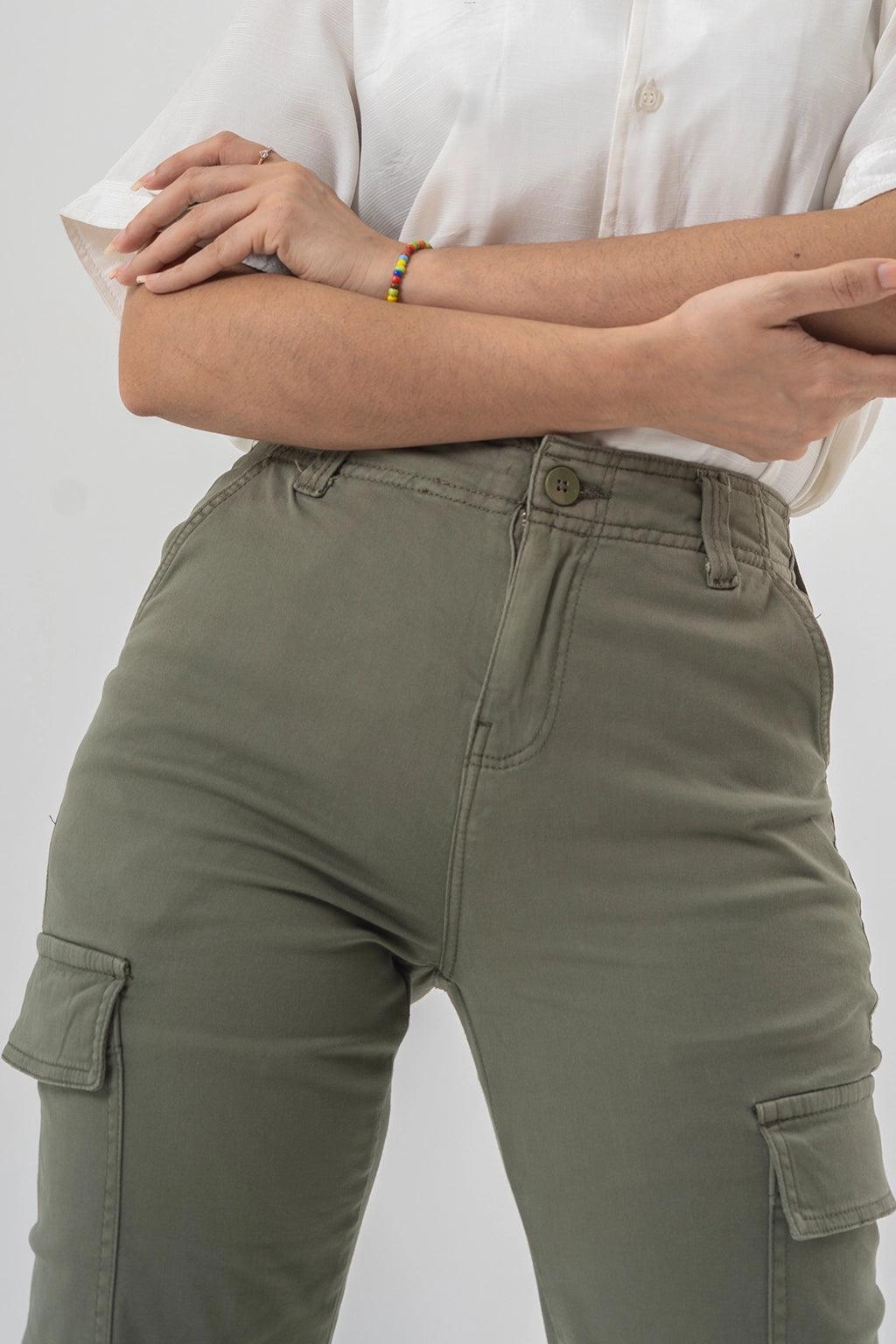 High Waist Cargo Pants in Olive Green with Side Flap Pockets - Straight Fit Style EW-000760