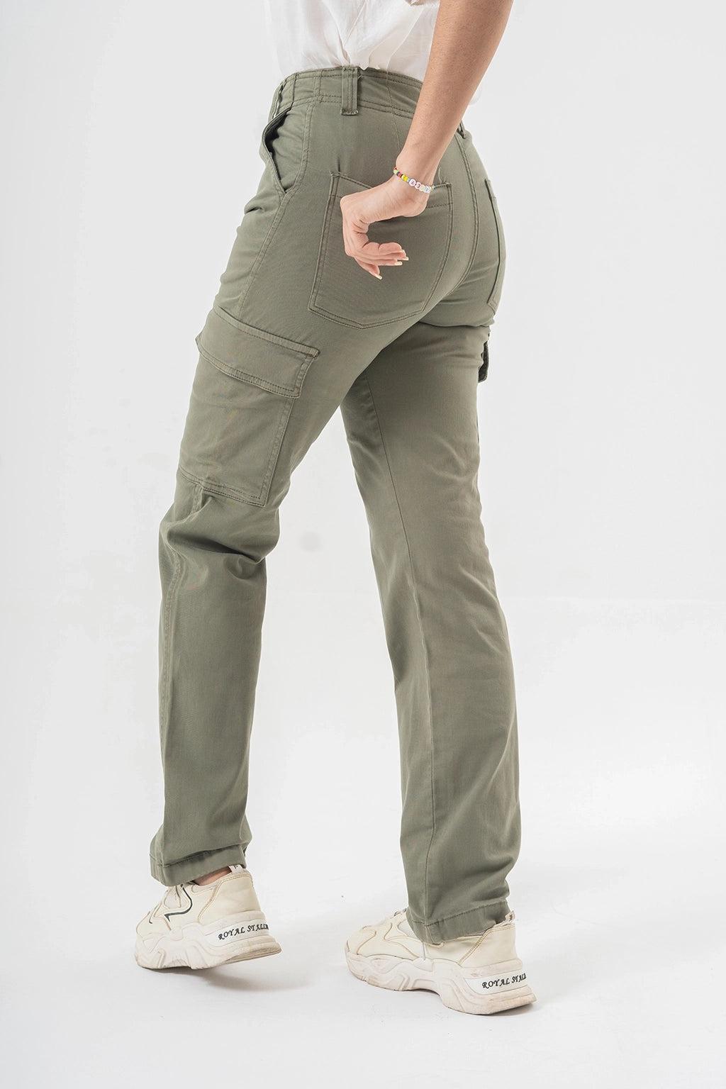 High Waist Cargo Pants in Olive Green with Side Flap Pockets - Straight Fit Style EW-000760