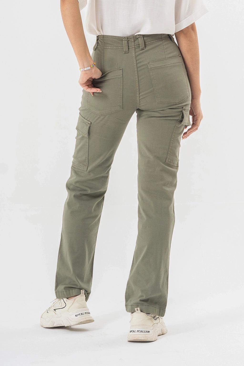 High Waist Cargo Pants in Olive Green with Side Flap Pockets - Straight Fit Style EW-000760
