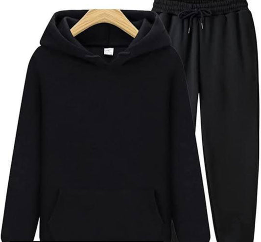 Men's Hoodie Track Suit - 2 Pcs Hooded Neck Polyester Set (Black)