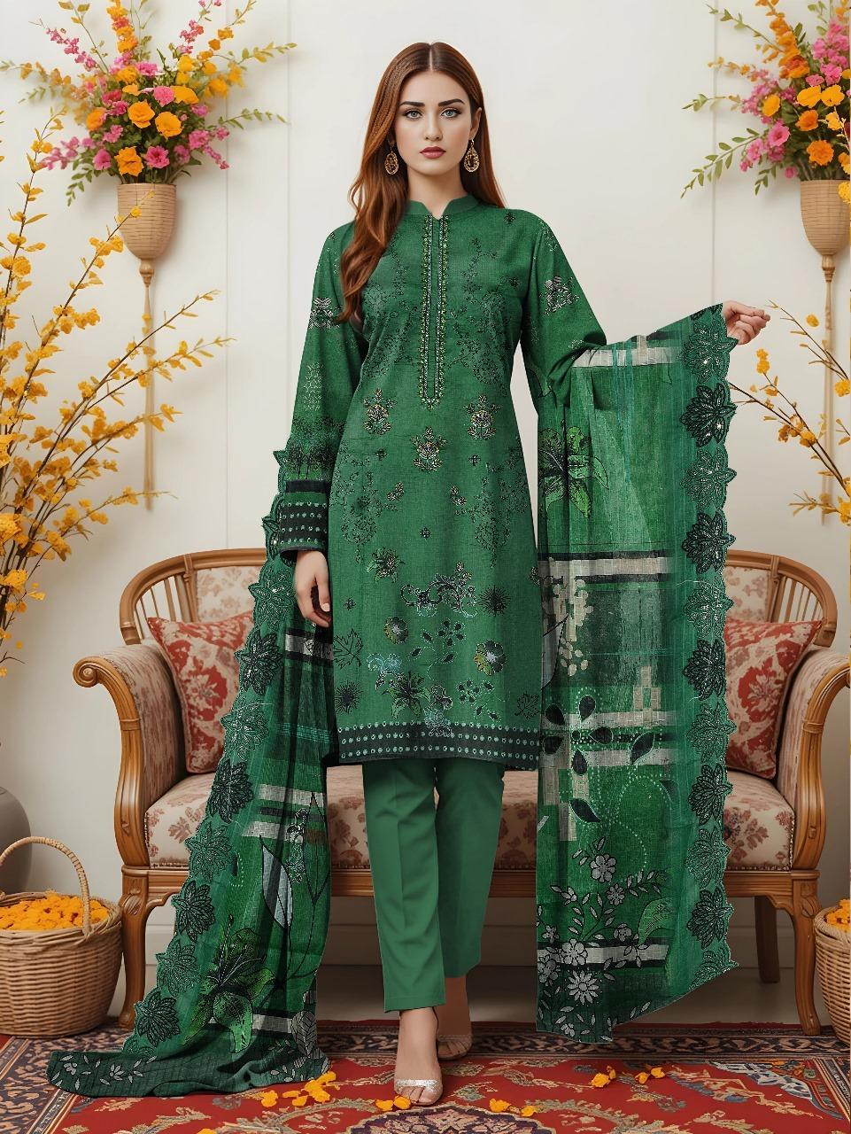 3 Pcs Women's Unstitched Printed Embroidered Suit