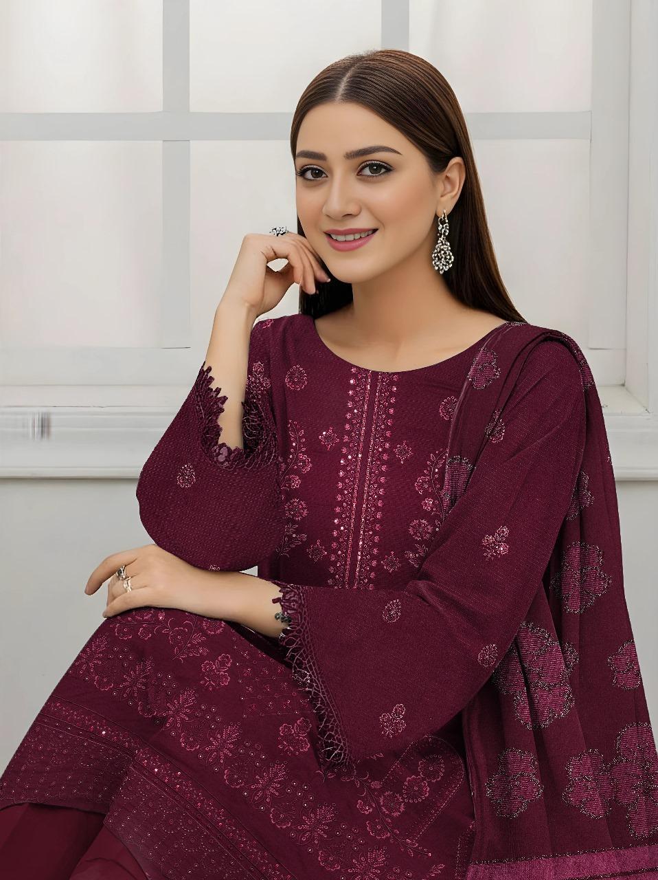 3 Pcs Women's Unstitched Plain Suit