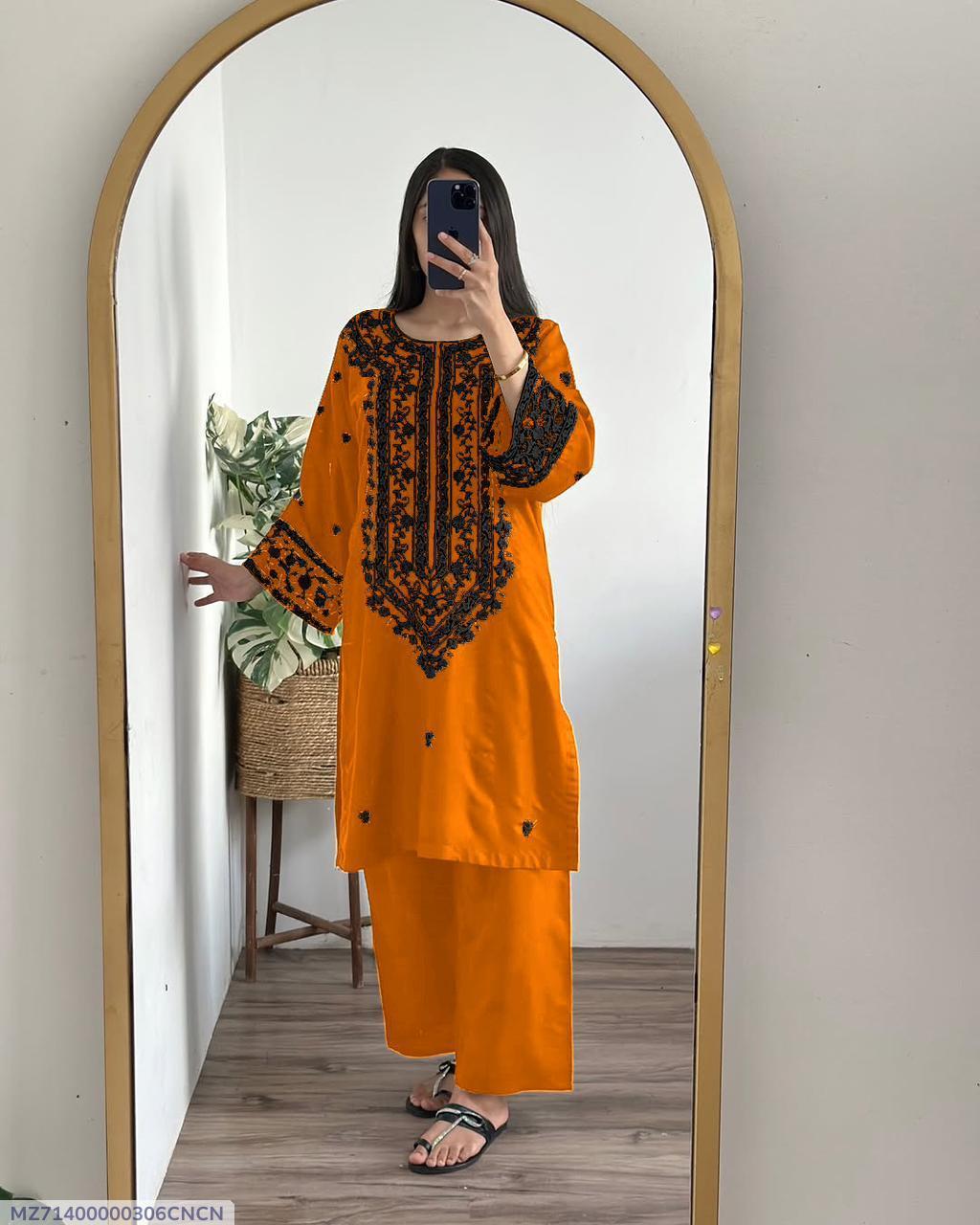 2 Pcs Women's Stitched Cotton Embroidered Shirt And Trouser