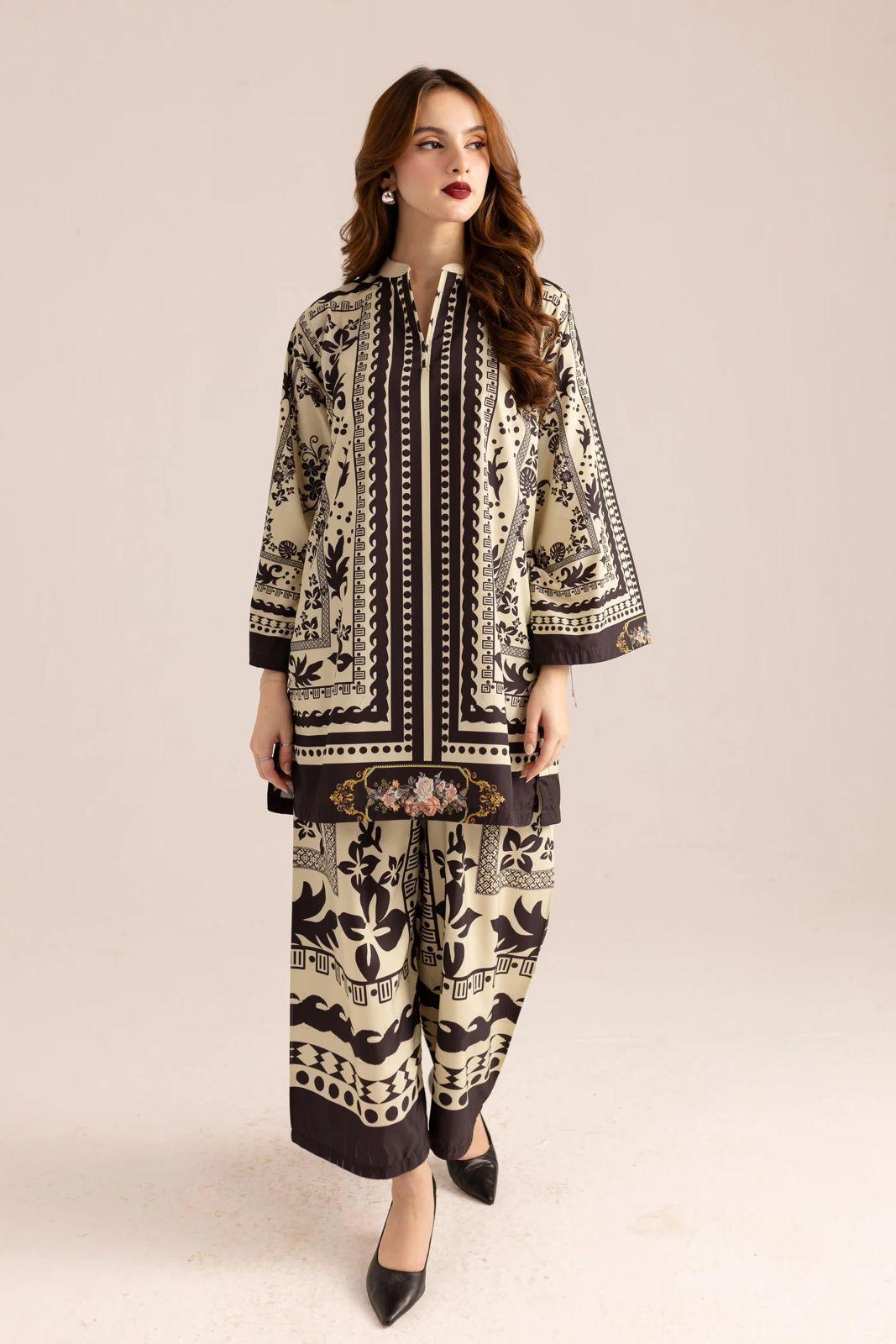 2 Pcs Women's Stitched Swiss Lawn Printed Shirt And Trouser