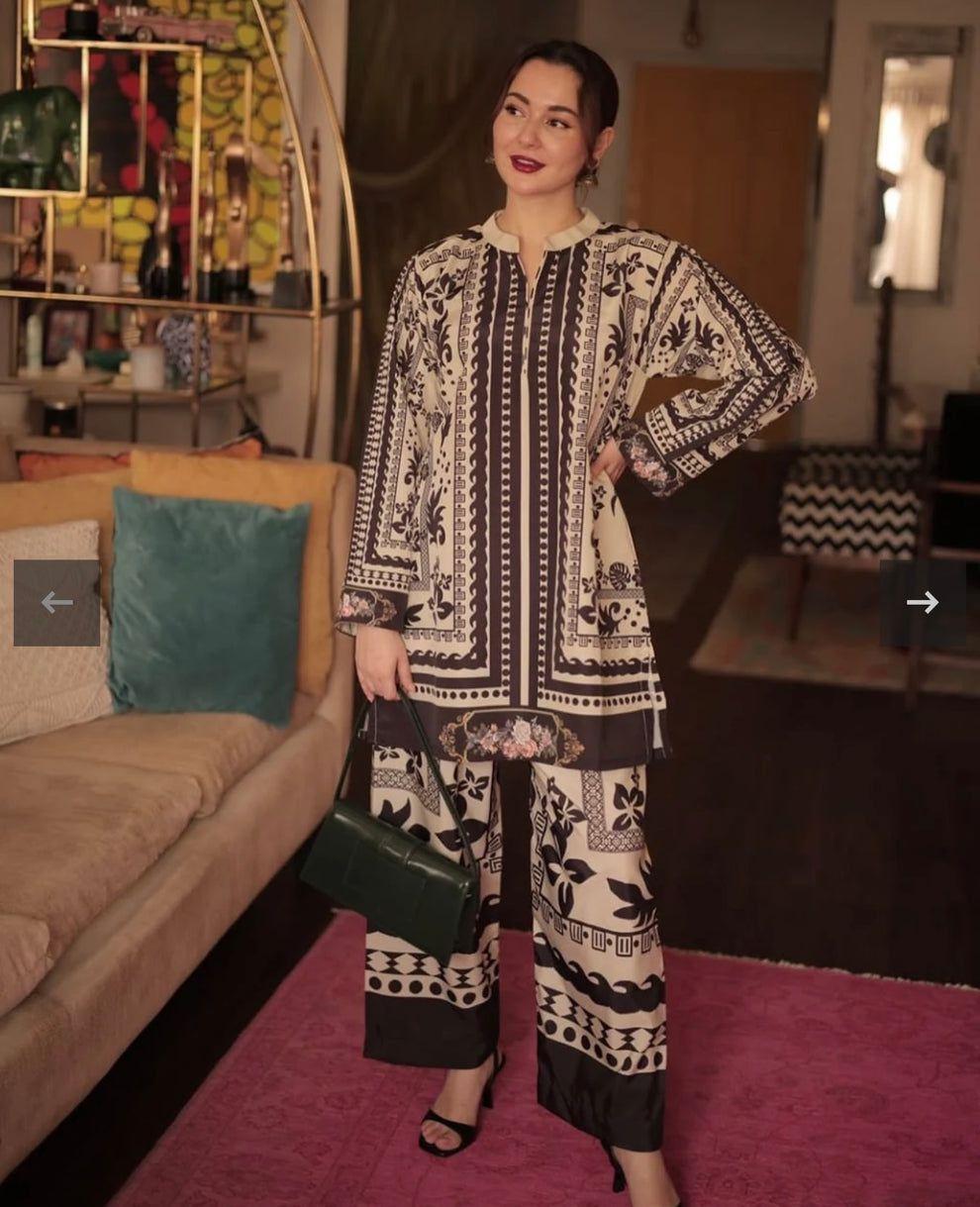 2 Pcs Women's Stitched Swiss Lawn Printed Shirt And Trouser