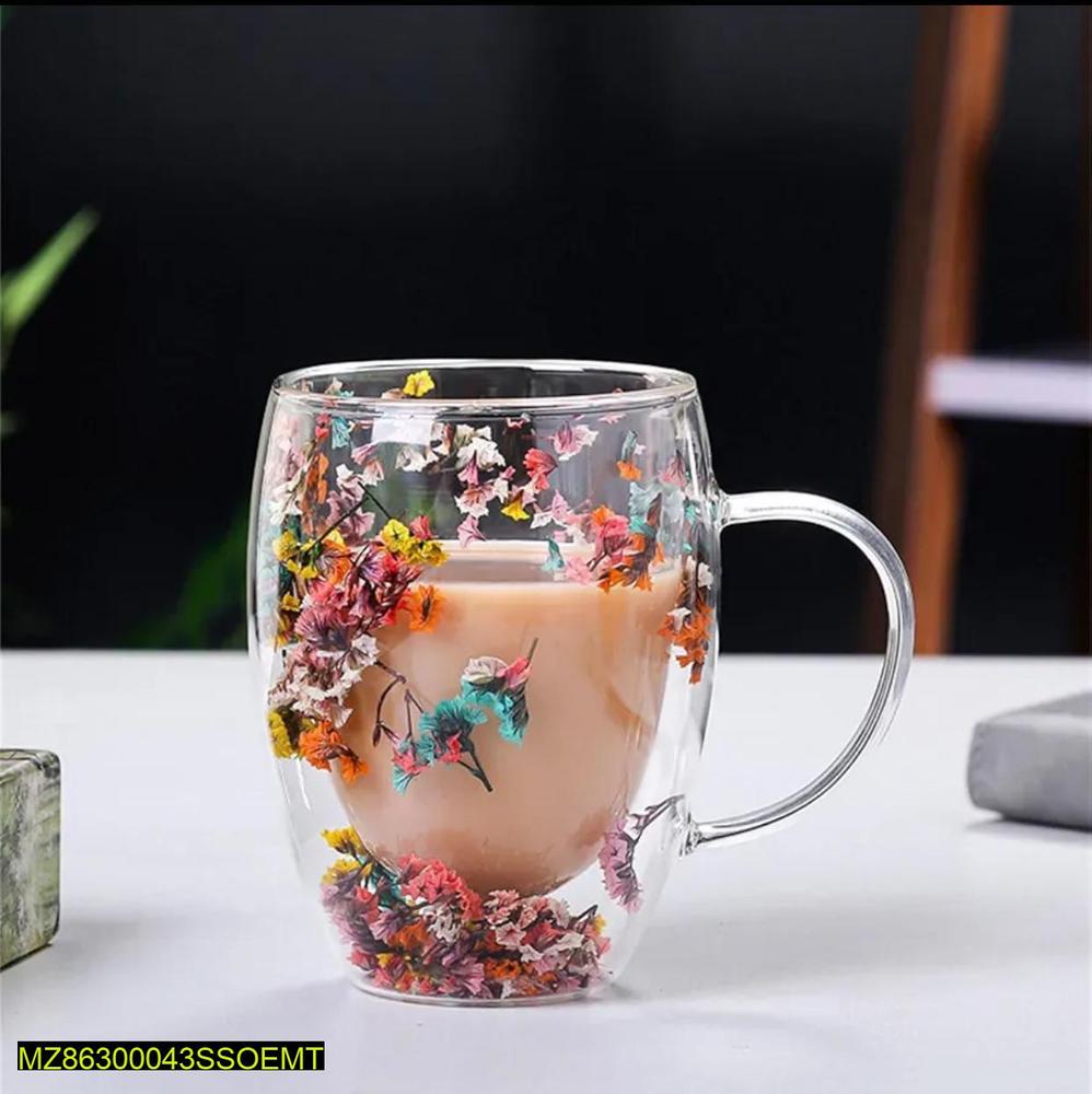 Double Glass Artificial Flowers Transparent Coffee Mug - 350ml
