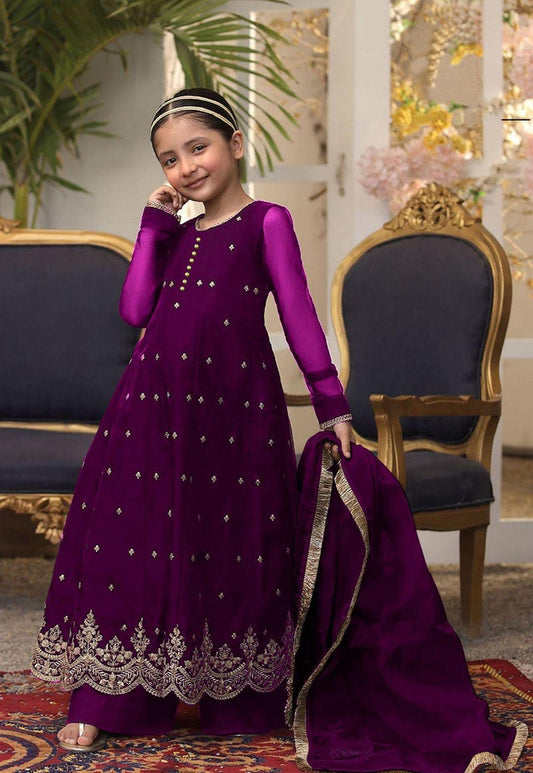 3 Pcs Girl's Chiffon Embroidered Frock And Trouser Set
