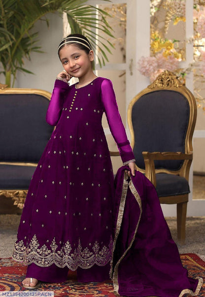 3 Pcs Girl's Chiffon Embroidered Frock And Trouser Set