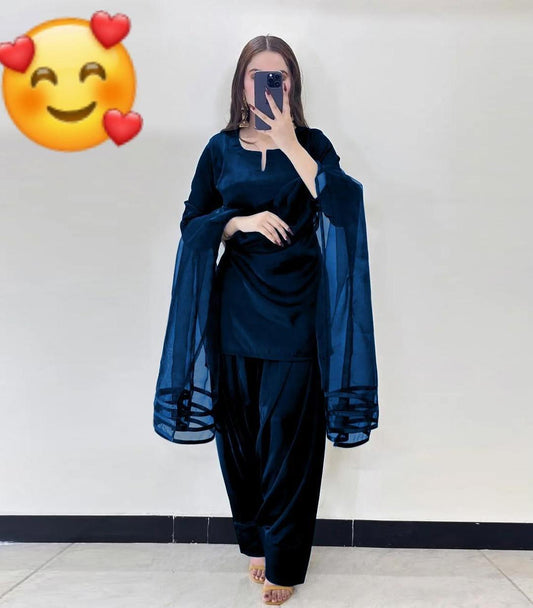 3 Pcs Women's Stitched Silk Plain Suit