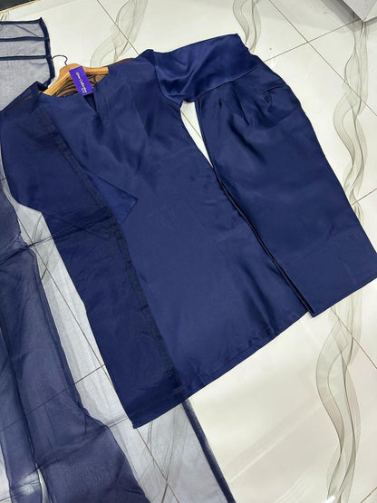 3 Pcs Women's Stitched Silk Plain Suit