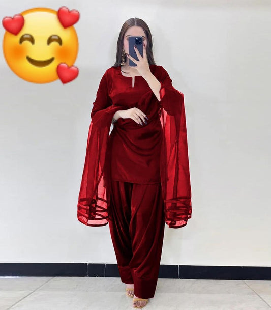 3 Pcs Women's Stitched Silk Plain Suit