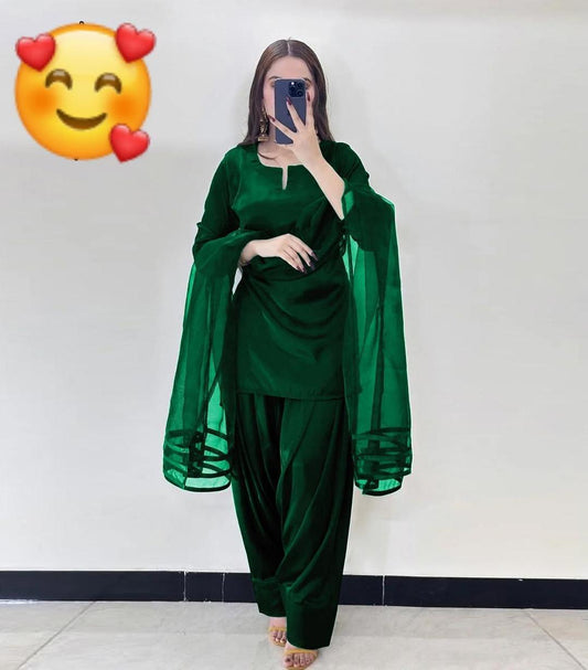 3 Pcs Women's Stitched Silk Plain Suit