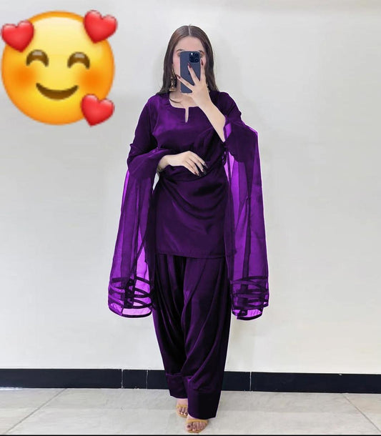 3 Pcs Women's Stitched Silk Plain Suit