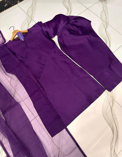 3 Pcs Women's Stitched Silk Plain Suit