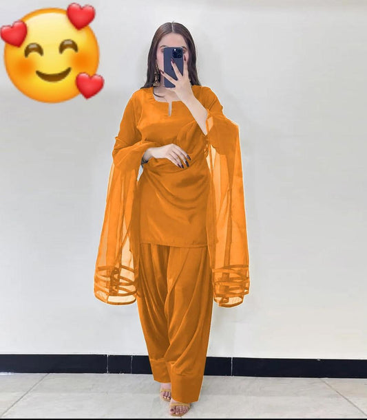 3 Pcs Women's Stitched Silk Plain Suit