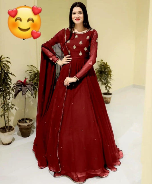 3 Pcs Women's Stitched Chiffon Embroidered Maxi Suit