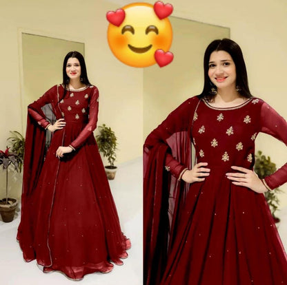 3 Pcs Women's Stitched Chiffon Embroidered Maxi Suit