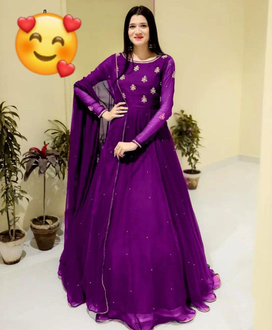 3 Pcs Women's Stitched Chiffon Embroidered Maxi Suit