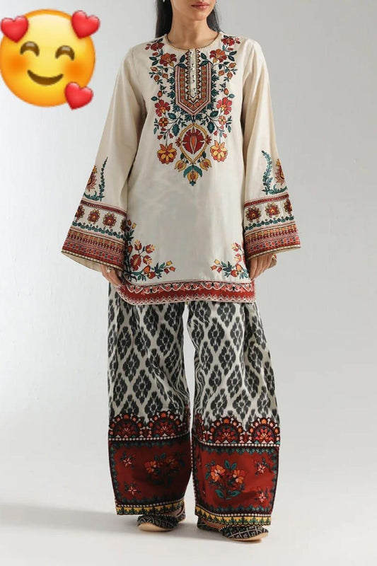 2 Pcs Women's Stitched Grip Silk Printed Shirt And Trouser