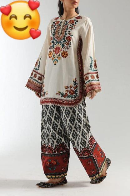 2 Pcs Women's Stitched Grip Silk Printed Shirt And Trouser