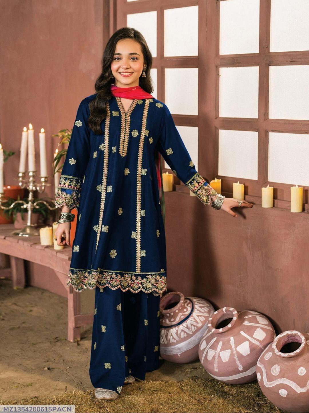 2 Pcs Girl's Cotton Embroidered Shirt And Trouser Suit