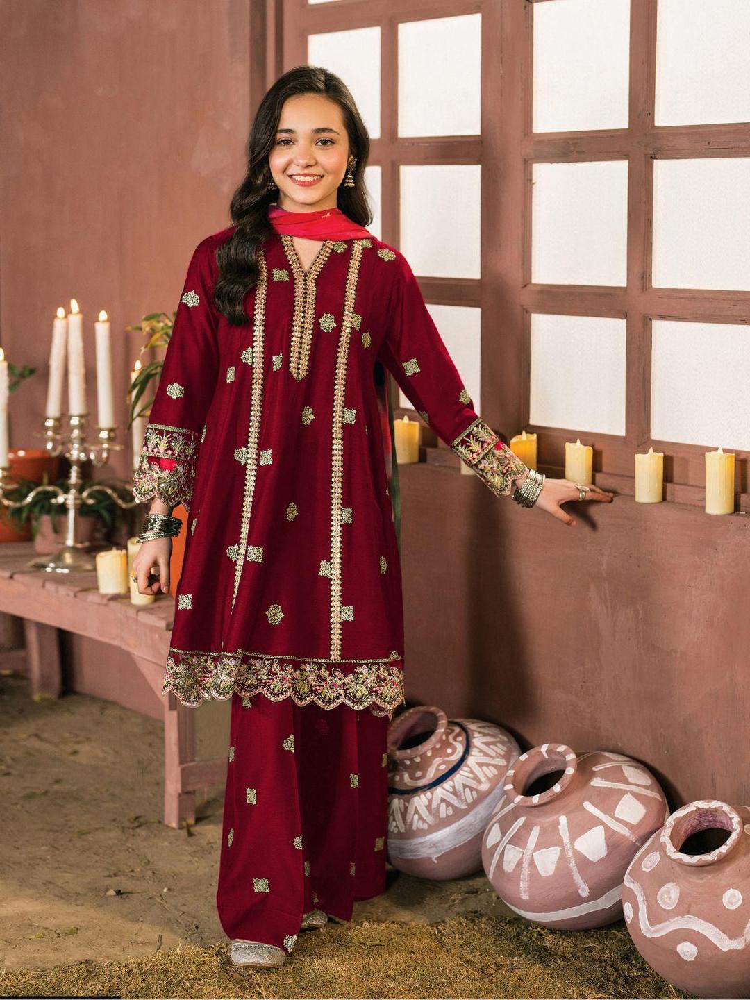 2 Pcs Girl's Cotton Embroidered Shirt And Trouser Suit