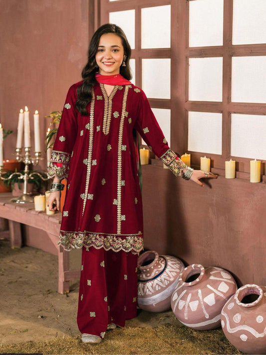 2 Pcs Girl's Cotton Embroidered Shirt And Trouser Suit