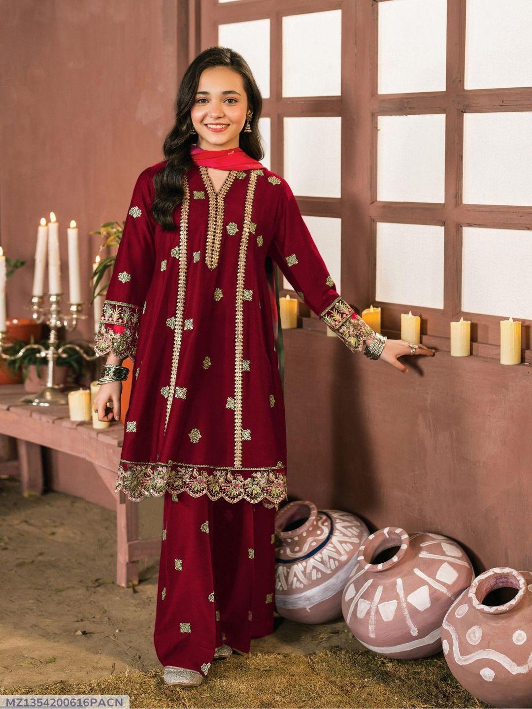 2 Pcs Girl's Cotton Embroidered Shirt And Trouser Suit