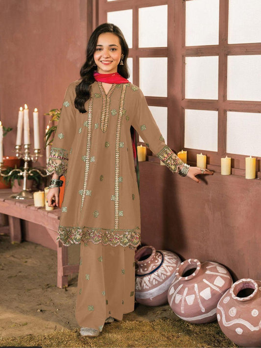 2 Pcs Girl's Cotton Embroidered Shirt And Trouser Suit