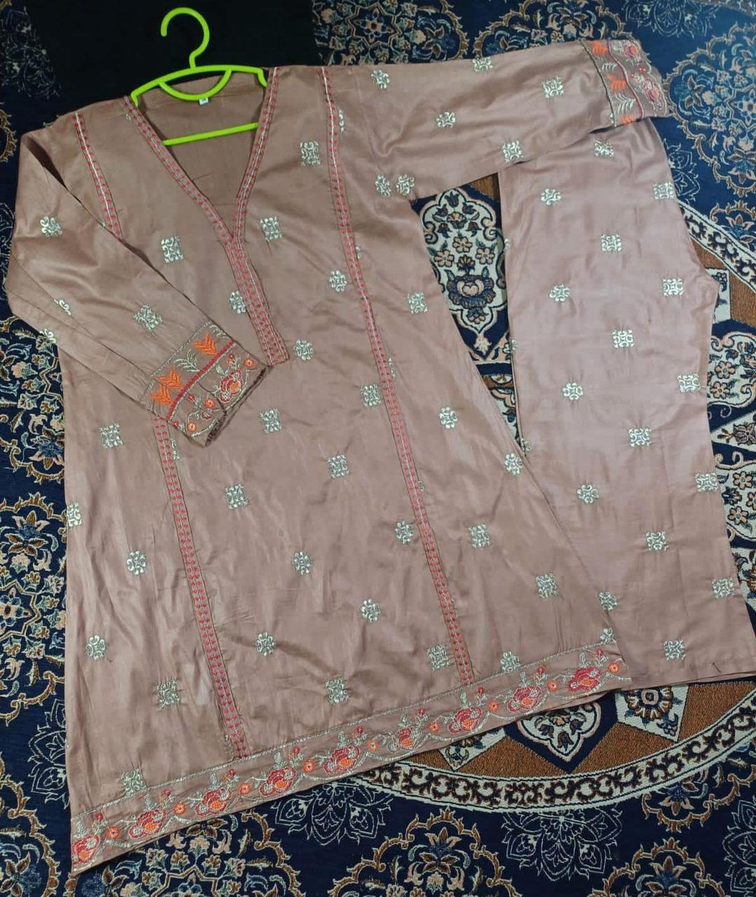 2 Pcs Girl's Cotton Embroidered Shirt And Trouser Suit