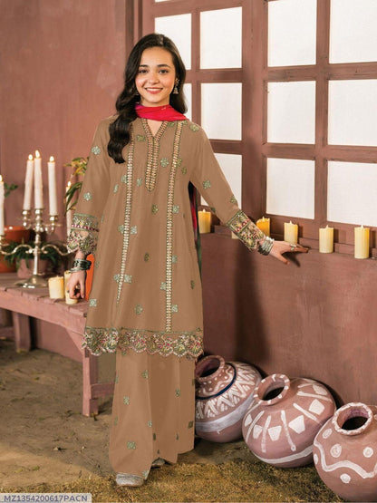 2 Pcs Girl's Cotton Embroidered Shirt And Trouser Suit