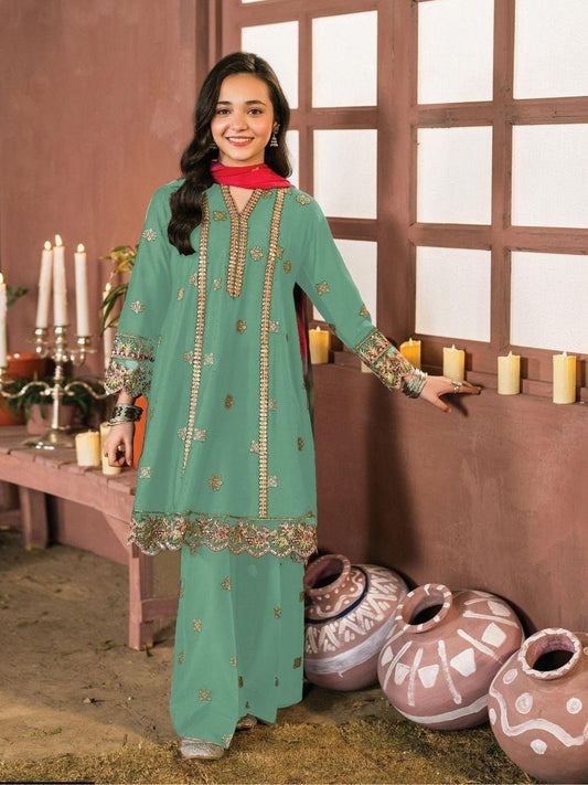 2 Pcs Girl's Cotton Embroidered Shirt And Trouser Suit