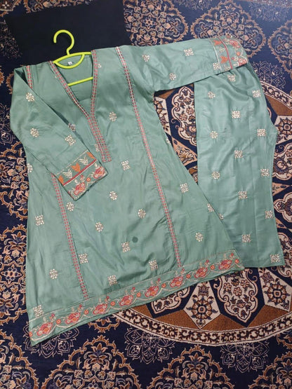 2 Pcs Girl's Cotton Embroidered Shirt And Trouser Suit
