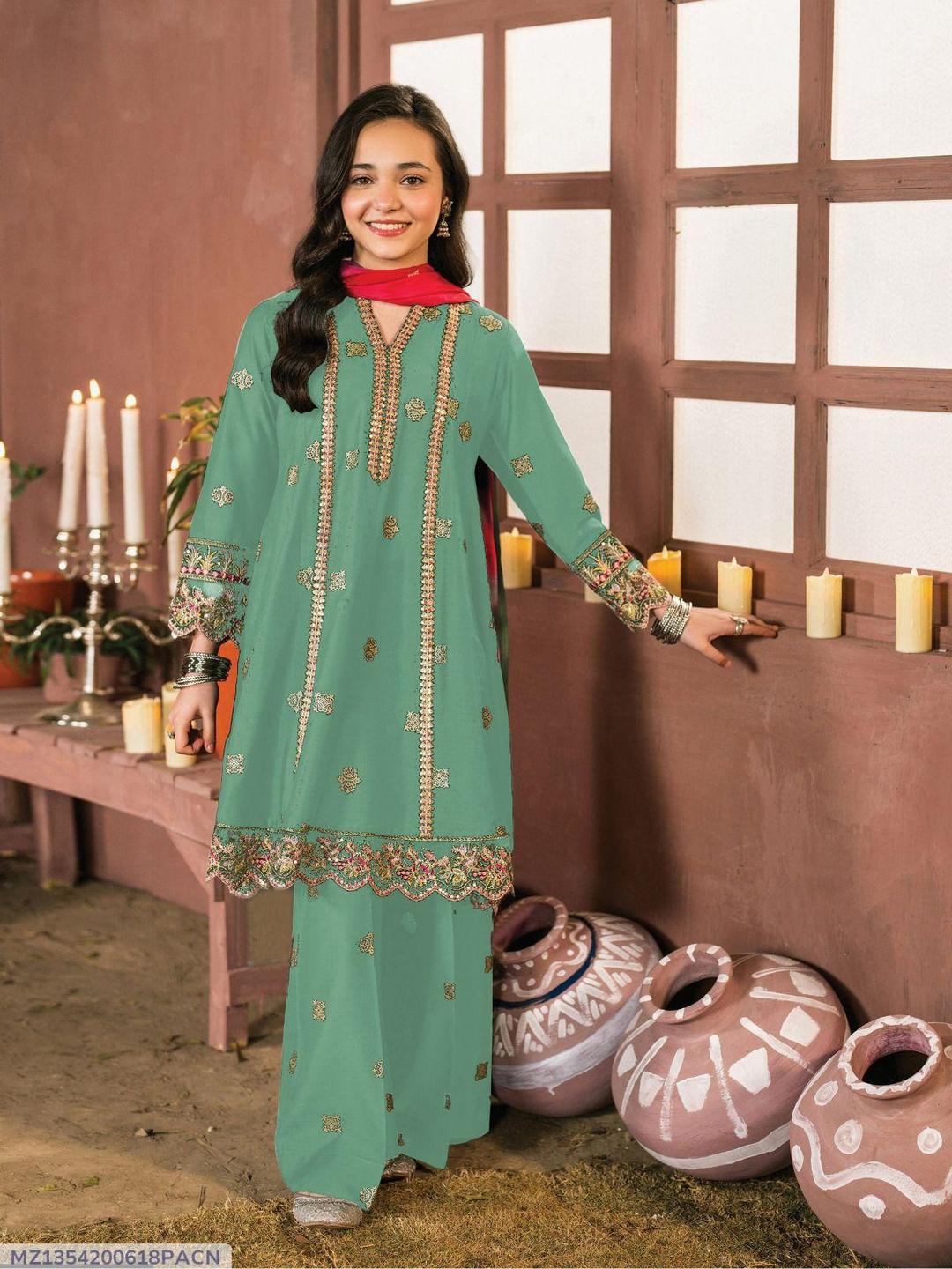 2 Pcs Girl's Cotton Embroidered Shirt And Trouser Suit