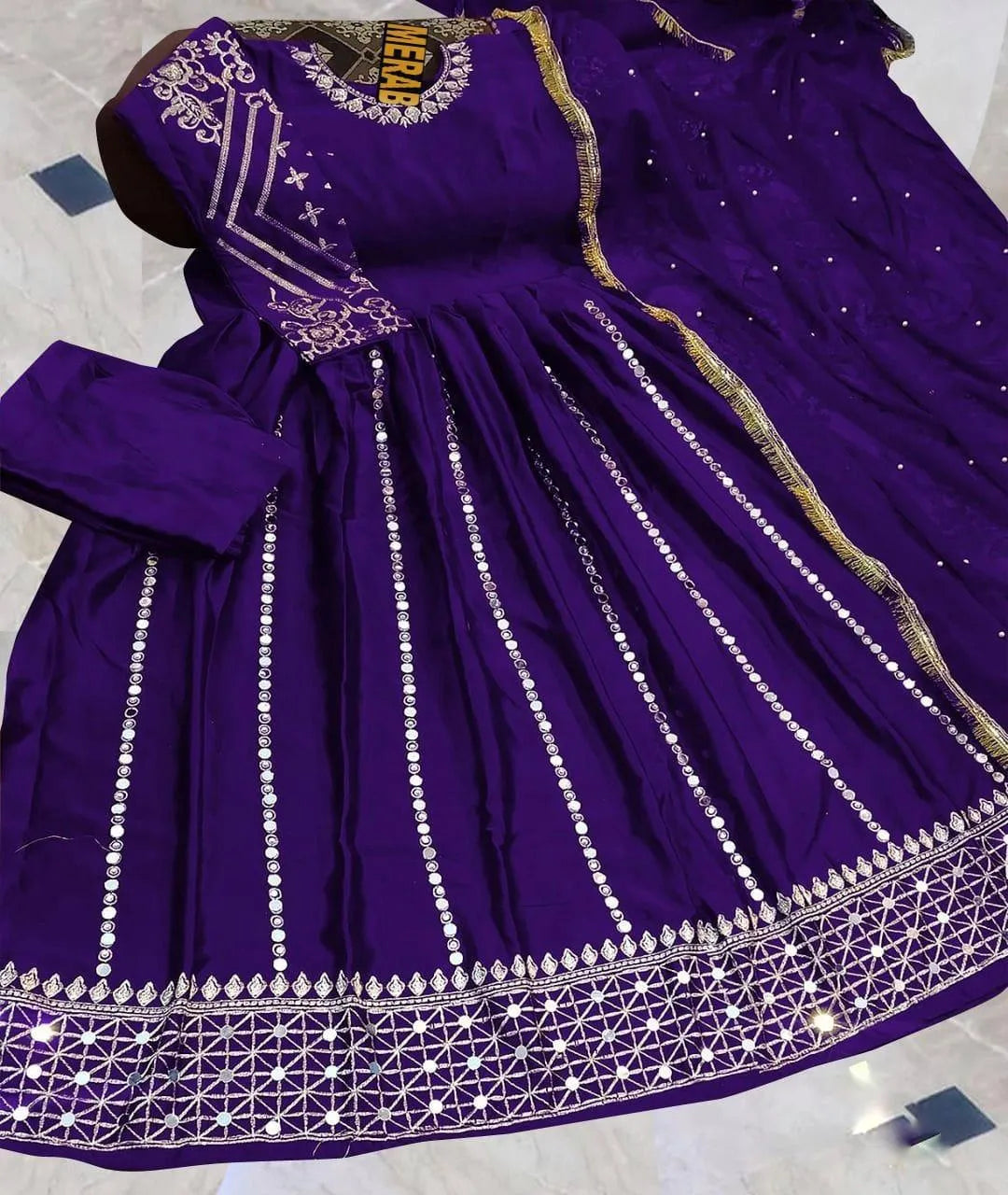 3 Pcs Women's Stitched Shamoz Silk Sheesha Work Maxi Suit