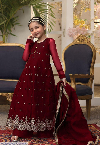 3 Pcs Girl's Chiffon Embroidered Frock And Trouser Set