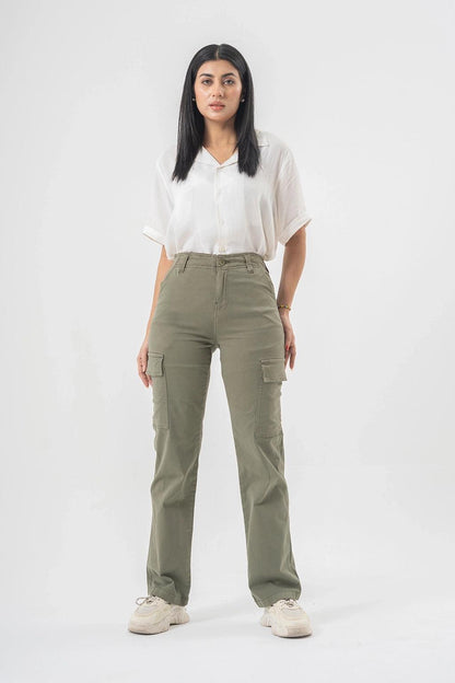 High Waist Cargo Pants in Olive Green with Side Flap Pockets - Straight Fit Style EW-000760