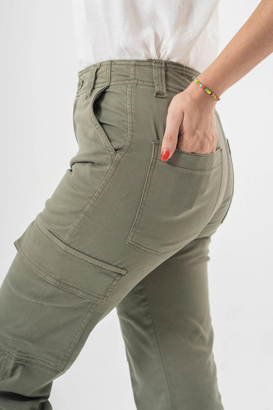 High Waist Cargo Pants in Olive Green with Side Flap Pockets - Straight Fit Style EW-000760